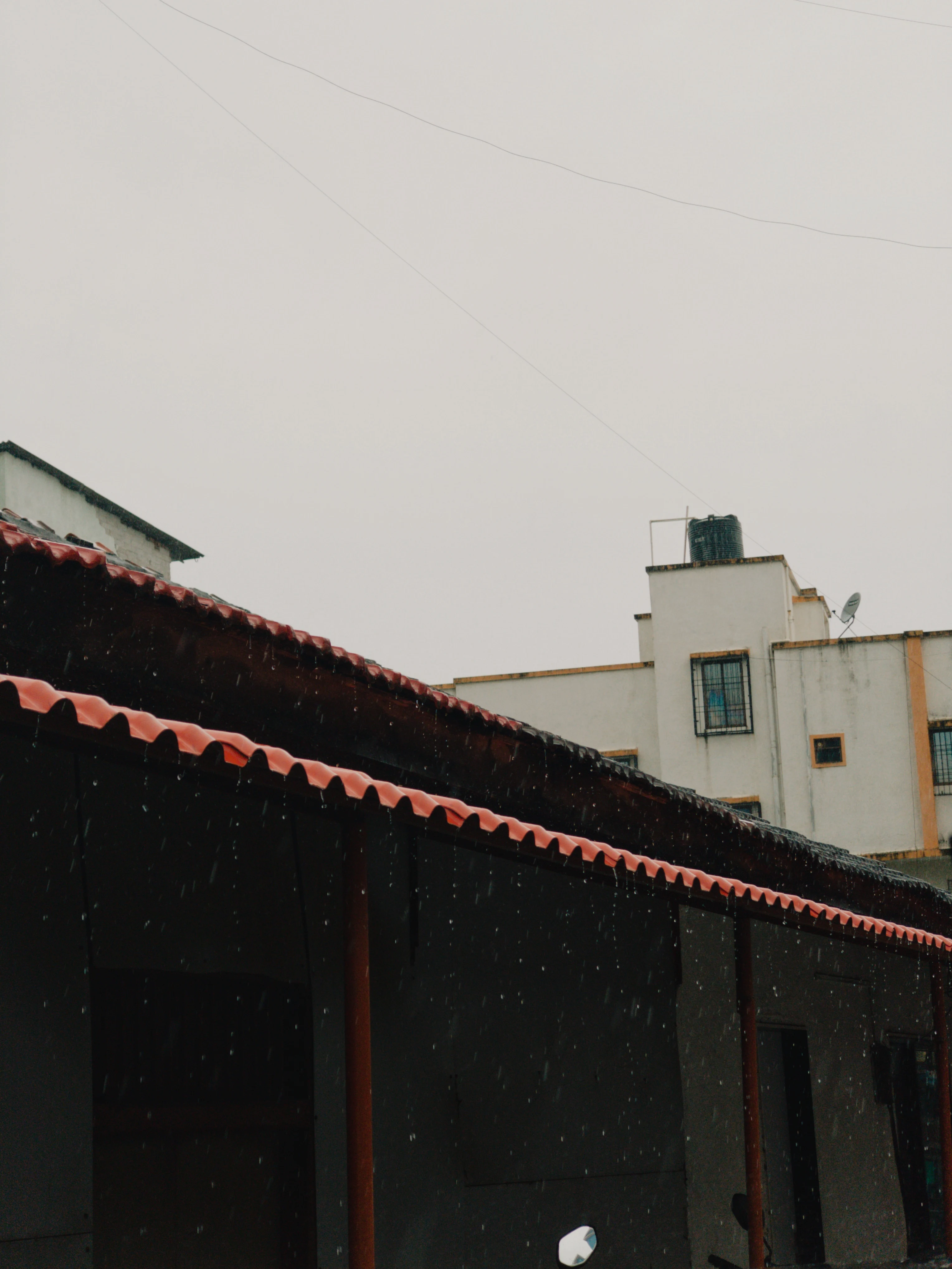A long red-tiled roof and dark wooden structure beneath a grey sky.